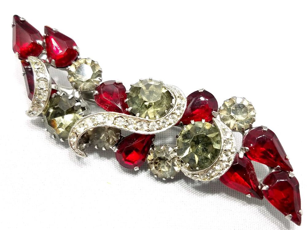 Vintage Red Rhinestone Brooch, Rhodium Plated, Ribbon Design, 1960s Vintage